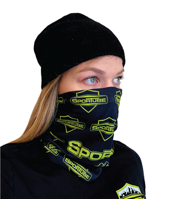 Black neck gaiter with neon green logo to cover face.